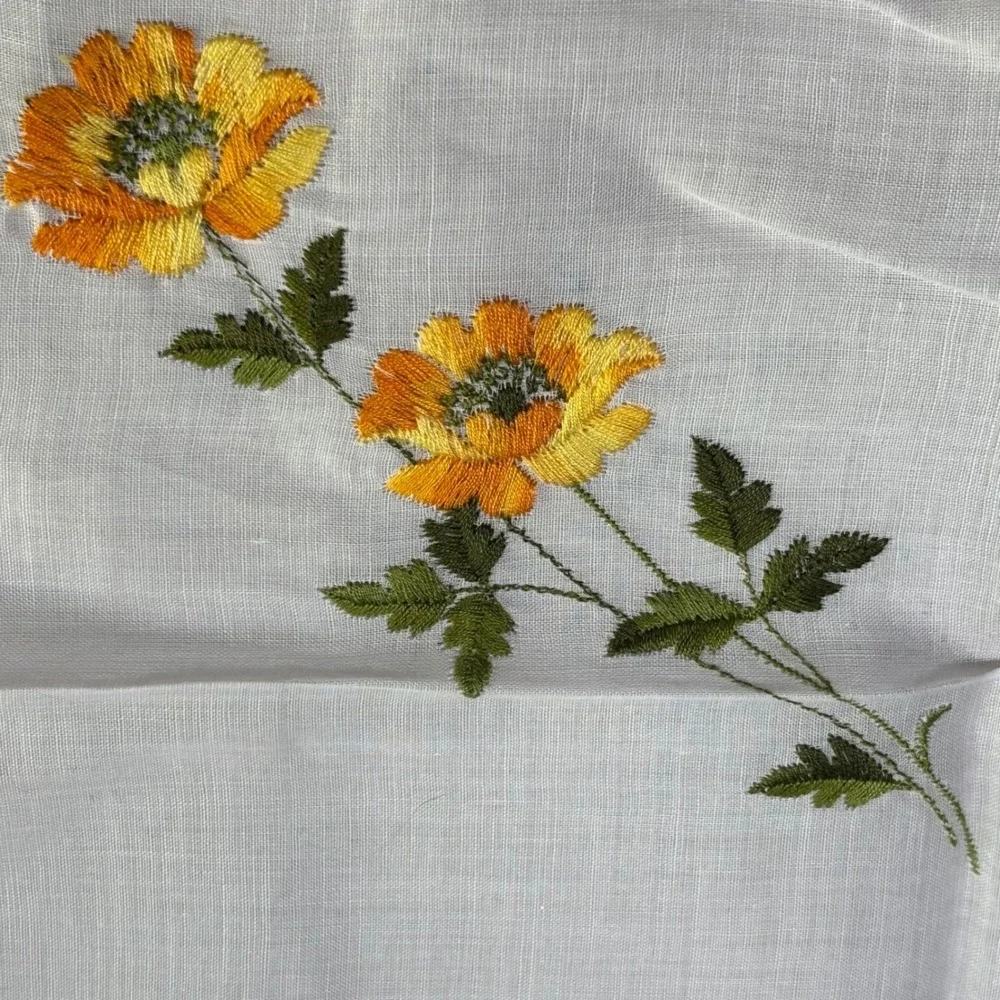 Handkerchief White Cotton Floral Embroidery Orange Yellow NWT from Switzerland‎